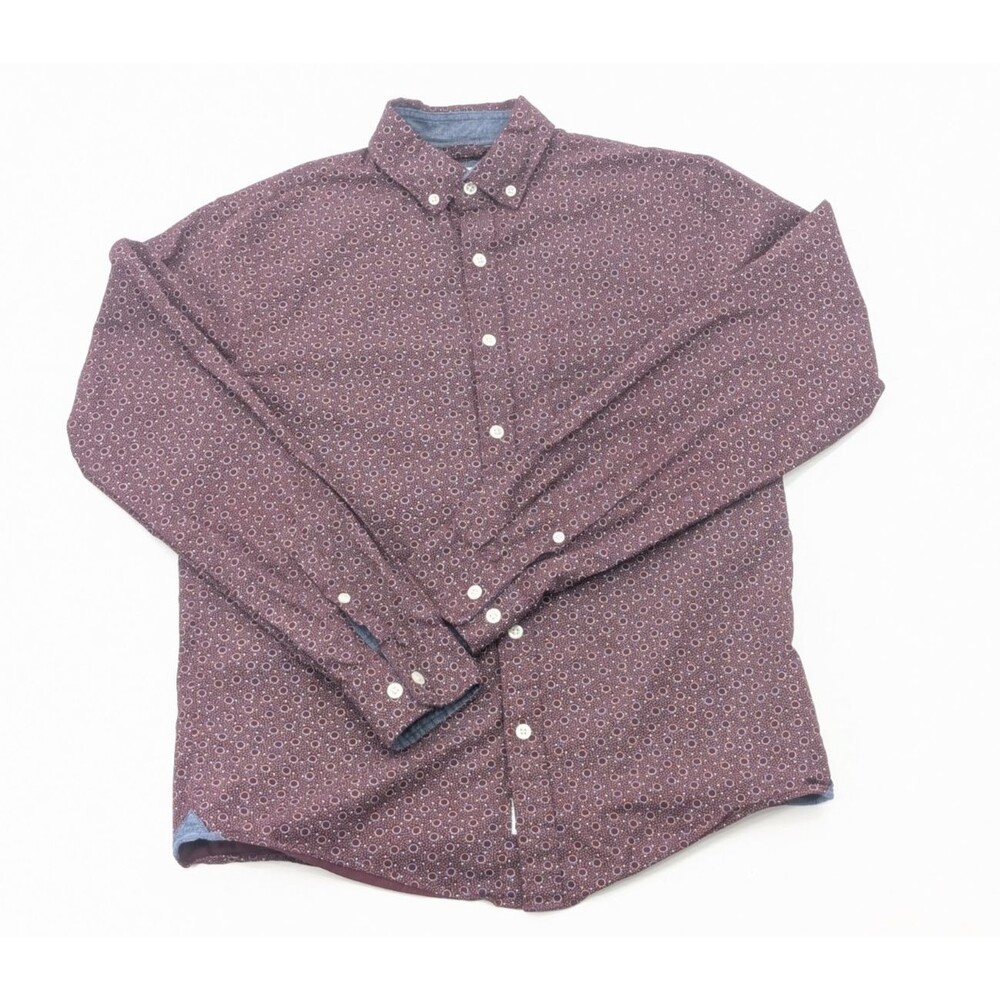 Express Slim Soft Wash Red Maroon Stars Suns Pattern Dress Shirt Mens Size Small